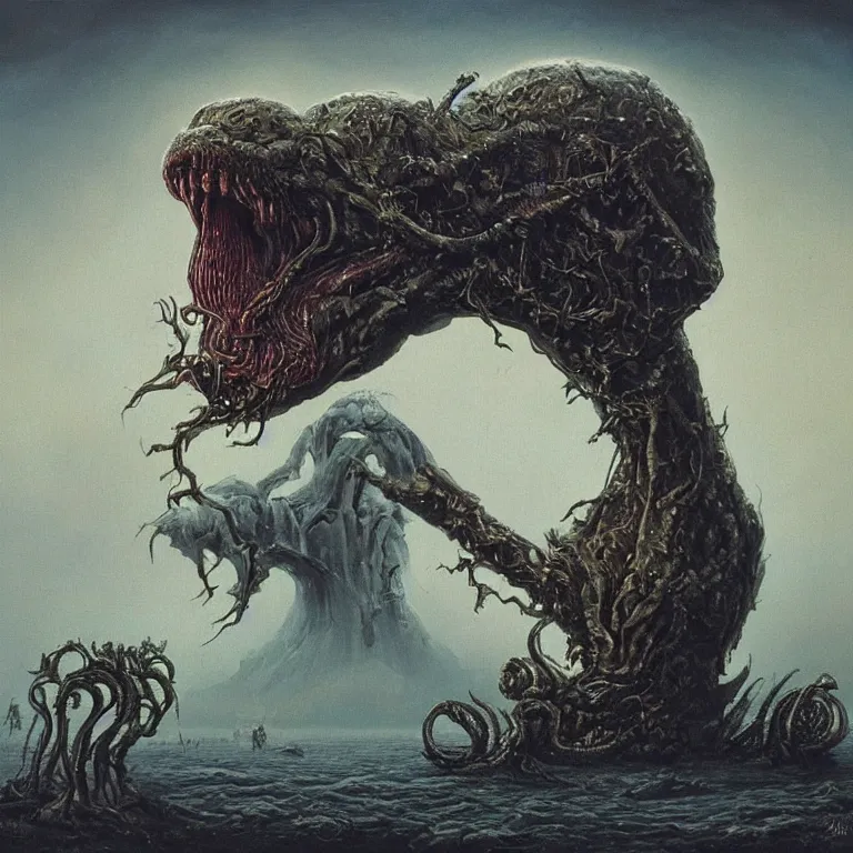 Image similar to a painting of a weird looking creature with its mouth open, a detailed painting by jarosław jasnikowski, trending on deviantart, neoplasticism, cosmic horror, grotesque, lovecraftian