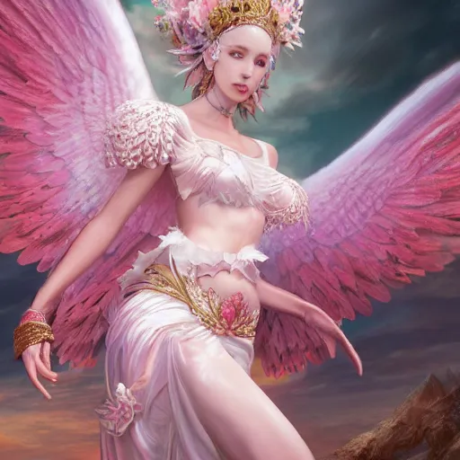 Image similar to expressive full body photo of sophia lauren as beautiful angel, smooth glowing skin, ornate headpiece made from pink flowers, glamour shot, by yoshitaka amano, by greg rutkowski, by jeremyg lipkinng, by artgerm, octane render, unreal engine, photorealistic, canon r 3, fashion photography