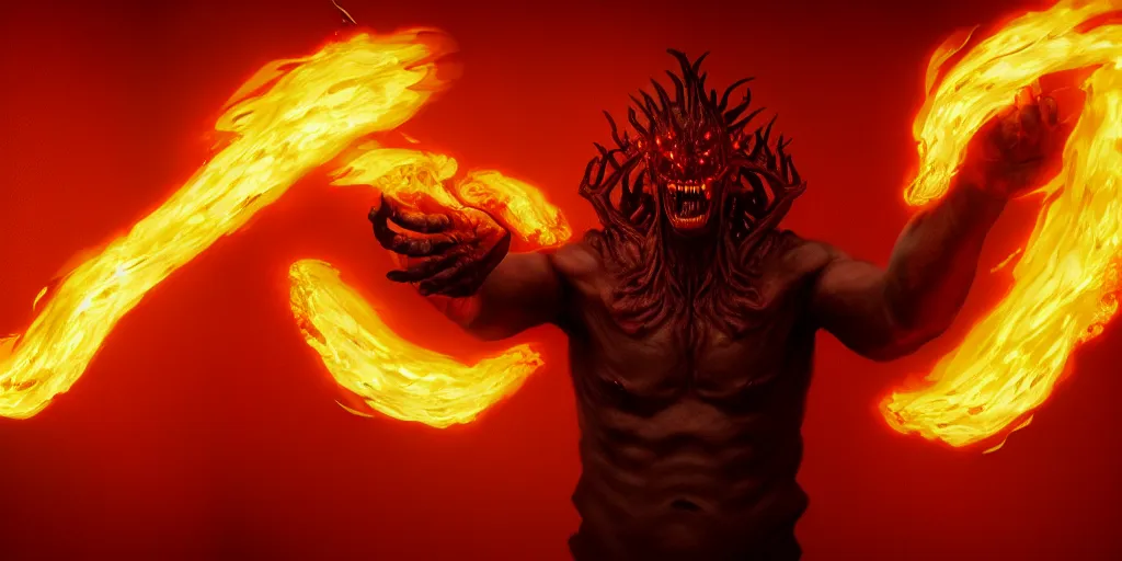 Image similar to dark angry demon casting fireball!, portrait 4 / 3, symmetrical, golden ratio, digital art, fantasy art, octane render, unreal engine, high detail, very realistic, by greg rutkowski, by james gurney