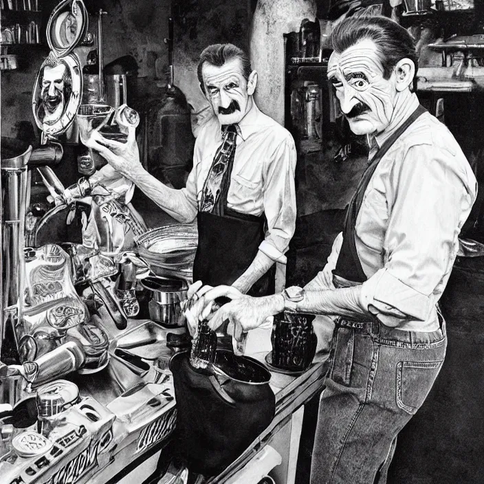 Image similar to promotional art for the movie'unless you hate bullruns ', barry chuckle preparing a batch of purple oil drink, hyperreal detailed facial features and uv lighting, art by ed roth and basil wolverton