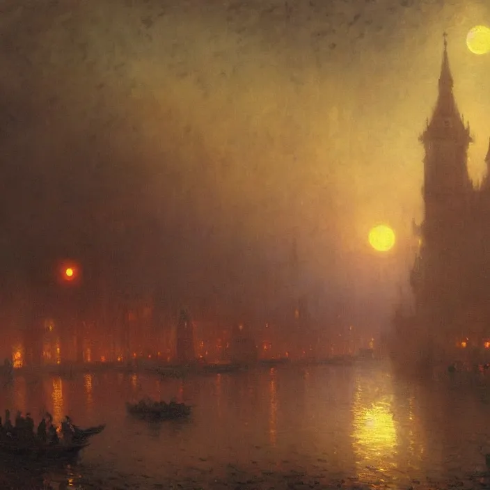 Image similar to a beautiful oil painting of a victorian gothic city, illuminated by a red moon at night by ivan aivazovsky and greg rutkowski and james gurney and frank lloyd and sung choi and monet, in style of impressionnisme. hyper detailed, sharp focus, soft light. unreal engine 5 lumen. ray tracing. trending on artstation. oil on canvas