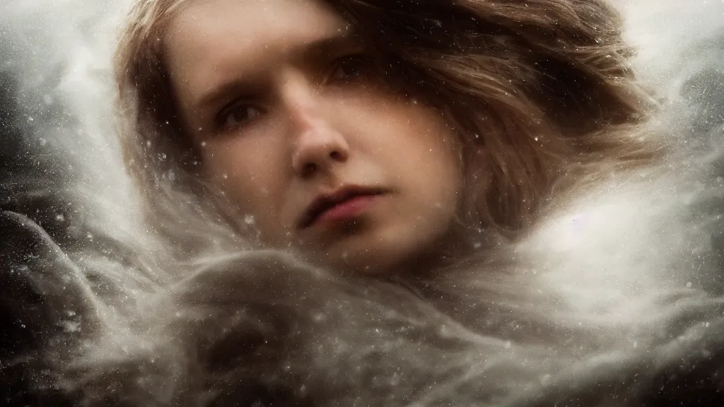 Image similar to mage, norway fjord, extreme close up portrait, hudson river school, max rive, stormy seas, white royal dress, beautiful, bokeh, gentle, female, snowy, storm clouds, god rays, extreme close up portrait, d & d, fantasy, elegant, low key color palette, concept art, roger deakins and greg rutkowski and alphonse mucha