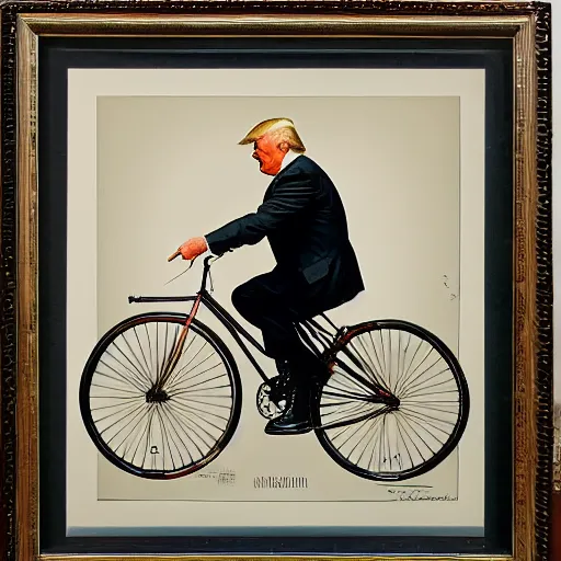 Prompt: Donald Trump riding a penny-farthing, painted by Norman Rockwell