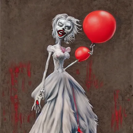 Image similar to grunge painting of big bird with a wide smile and a red balloon by chris leib, loony toons style, pennywise style, corpse bride style, horror theme, detailed, elegant, intricate