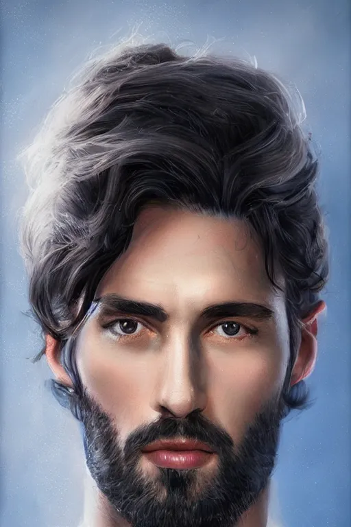 Image similar to portrait of a handsome man with black hair with sparkling blue eyes, art by Tomasz Ryger, Pablo Dobarro and Max Kostin, stylized, detailed, pastel colors, warm tones, Trending on artstation, artstationHD, artstationHQ, 4k, 8k