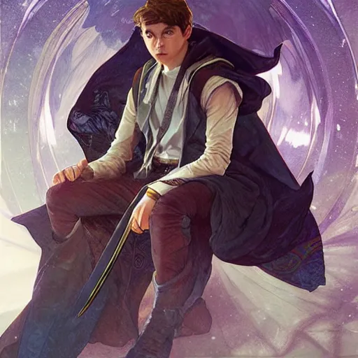 Image similar to a photorealistic male wizard teenager wearing wizard outfit, sharp focus, illustration, art by artgerm and greg rutkowski and alphonse mucha