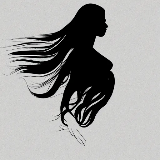 Prompt: a black and white line drawing of the silhouette of a woman with long curly hair using a dress