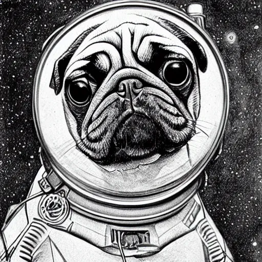 Image similar to pencil art, golden - ratio, spirals, highly detailed, psychedelic shapes, astronaut pug in outer space by davinci.