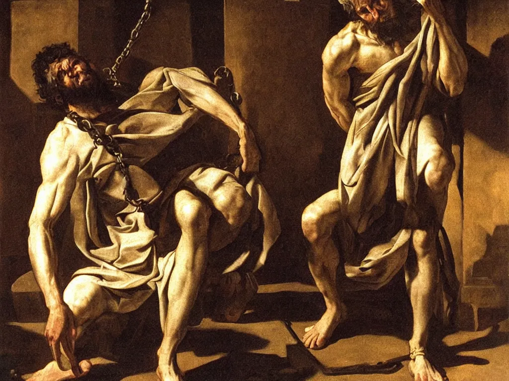 Prompt: Saint Peter in chains inside a prison cell, chiaroscuro, very detailed, oil painting by Caravaggio