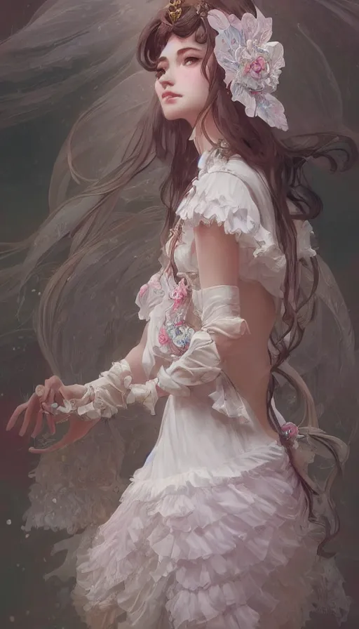 Image similar to portrait of magical lolita girl, dreamy and ethereal, ornate frilly dress, fantasy, intricate, elegant, highly detailed, digital painting, artstation, concept art, smooth, sharp focus, illustration, art by artgerm and greg rutkowski and alphonse mucha