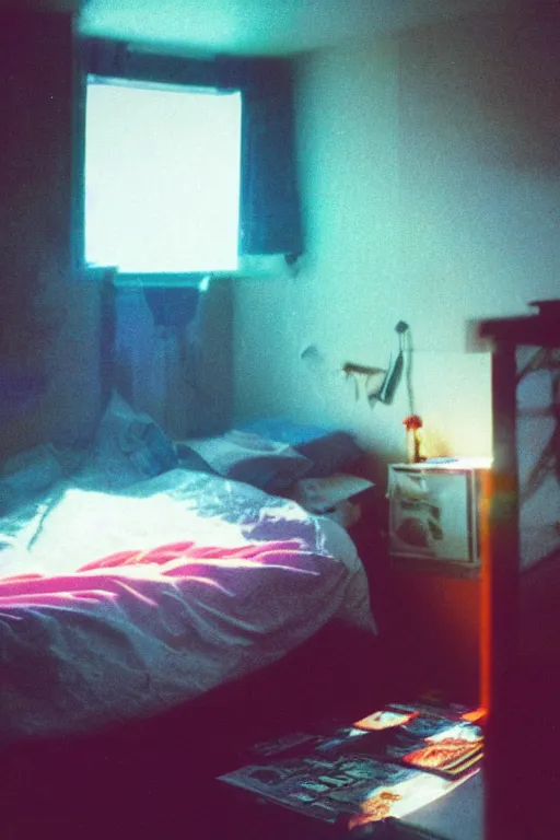 Image similar to agfa vista 4 0 0 photograph of a cluttered 9 0 s teenagers bedroom, synth vibe, vaporwave colors, lens flare, moody lighting, moody vibe, telephoto, 9 0 s vibe, blurry background, grain, tranquil, calm, faded!,
