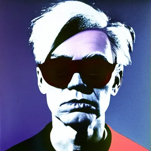 Prompt: colour portrait of absolutely angry andy warhol aged 60 looking sternly straight into the camera and wearing designer sun glasses, in the style of andy warhol