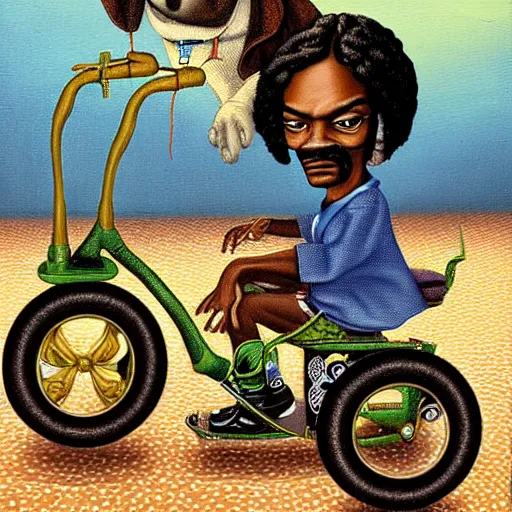 Prompt: Snoop Dogg on a tricycle, lowbrow painting by Mark Ryden