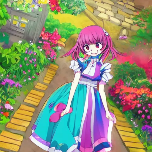 Prompt: a very cute art of a smiling anime girl idol wearing a colorful dress, walking at the garden, walking over a skeleton, in the style of anime