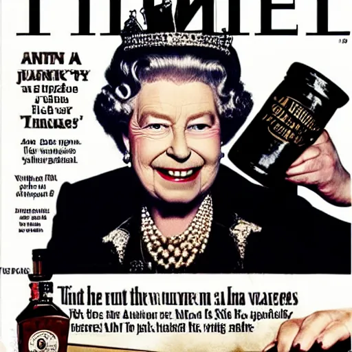 Prompt: A photo of Queen Elizabeth wearing a punk leather jacket, she holds a Jack Daniels bottle in her hand, Times Magazine cover