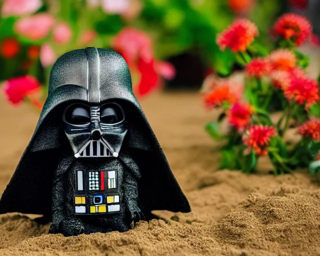 Prompt: 8 5 mm photography of darth vader in an avocado costume near a garden with sand with dof and bokeh and flowers