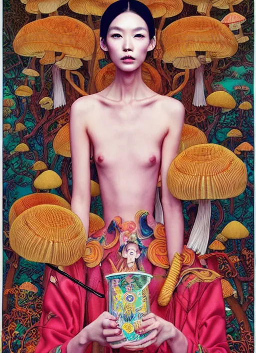 Image similar to pretty chinese model with hallucination mushroom : : by martine johanna and simon stalenhag and chie yoshii and casey weldon and wlop : : ornate, dynamic, particulate, rich colors, intricate, elegant, highly detailed, vogue, harper's bazaar art, fashion magazine, smooth, sharp focus,