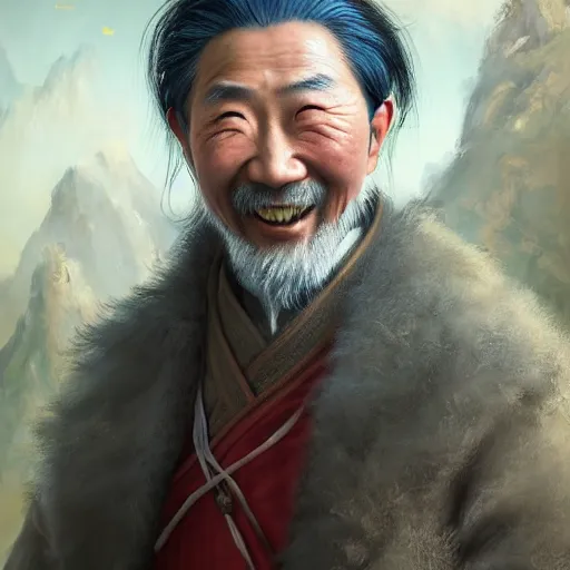 Image similar to portrait painting of a 6 0 year old kind smile handsome chinese taoist priest, like liangchao wei, silver ponytail hair, amiable by wenjun lin, irakli nadar, bright colors, octopath traveler, wenjun lin, unreal engine 5 highly rendered, global illumination, radiant light, detailed and intricate environment