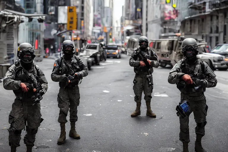 Image similar to Mercenary Special Forces soldiers in grey uniforms with black armored vest and helmets in urban warfare in New York 2022, Canon EOS R3, f/1.4, ISO 200, 1/160s, 8K, RAW, unedited, symmetrical balance, in-frame, combat photography