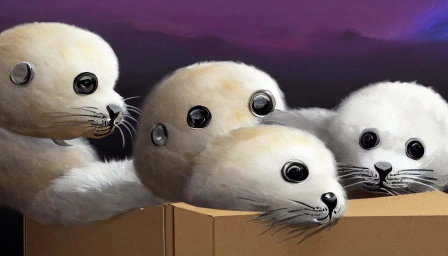 Prompt: highly detailed painting of cute furry white baby seals cuddled up in a cardboard box in a dystopian cyberpunk street by william turner, thick brush strokes and visible paint layers, 4 k resolution, retrowave colour scheme