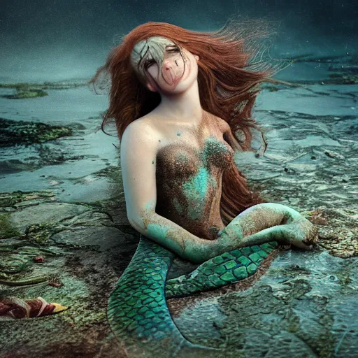 Prompt: a sad mermaid covered in toxic sludge, wildlife photography, intricate details, highly detailed, photorealistic, 8 k