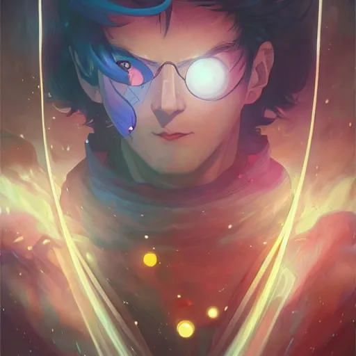 Image similar to A man drinking a cup of cosmic energy bright light, illustration, anime style, Artgerm, 4k, digital art, surreal, anime style, space dandy style, highly detailed, godsend, artstation, digital painting, concept art, smooth, sharp focus, illustration by Ruan Jia and Mandy Jurgens and William-Adolphe Bouguereau, Artgerm