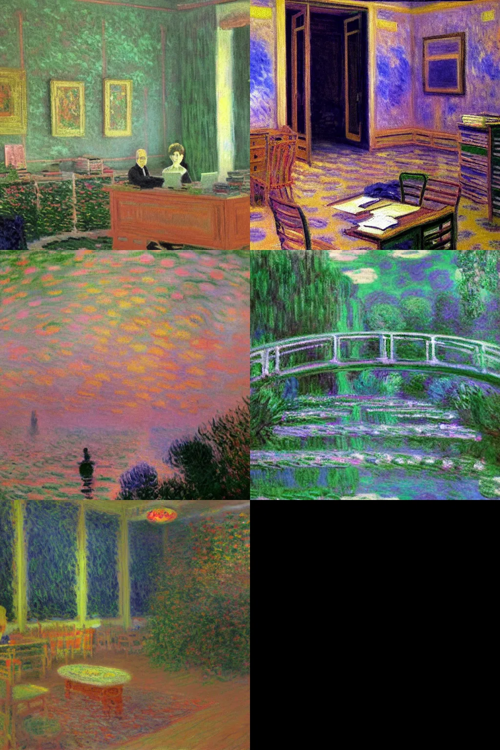 Prompt: A peaceful interlude in the chaos of office life, painting by monet, vaporwave