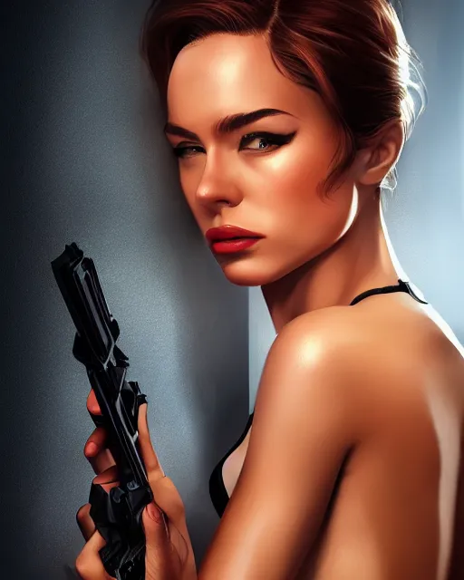 Image similar to james bond girl 2 0 2 6, award winning full length profile photography, extremely detailed, artstation, 8 k, sensual lighting, incredible art, wlop, pixar, disney, artgerm, backlit, rim lighting, hi - fructose, cellshading, intricate lineart