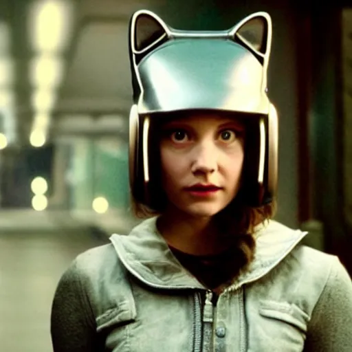 Prompt: movie still of a girl with a cyborg cat helmet, cinematic composition, cinematic light, by edgar wright and david lynch