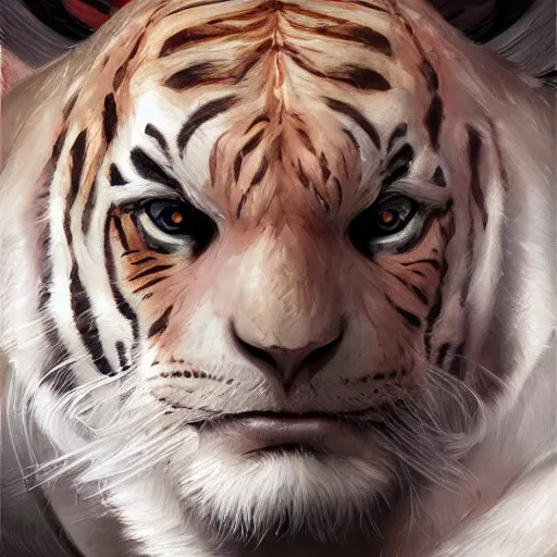 Image similar to a esthetic portrait commission of a muscular antrho albino tiger wearing the superman outfit,hyperdetailed face,character design by charlie bowater,ross tran,artgerm,makoto shibkai,photorealistic,western comic book art,film poster,deviantart,artstation