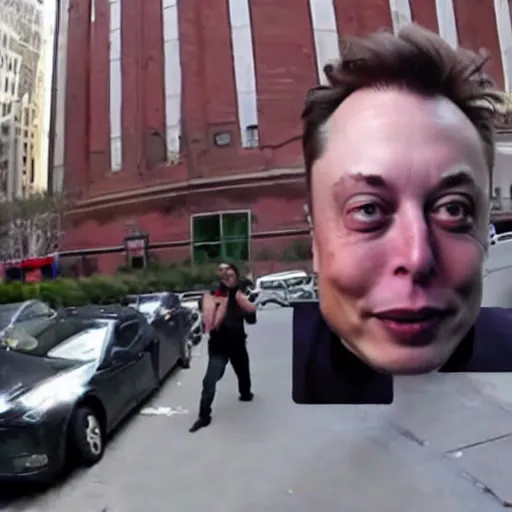 Prompt: bodycam footage of a homeless elon musk going crazy and scamming people, new york streets, wide angle, fisheye, uhd, 4 8 0 p, bodycam, paparazzi, bad quality, pov