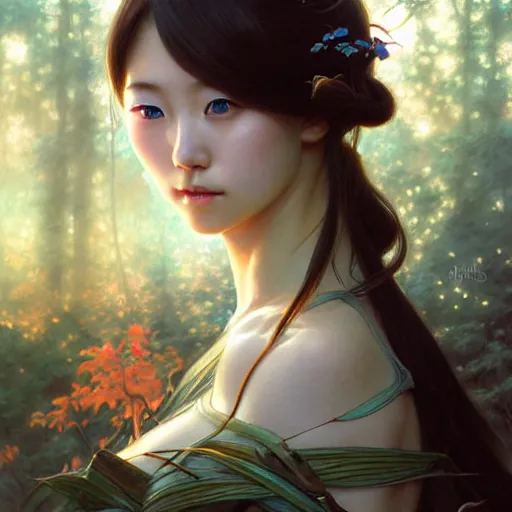 Prompt: Portrait of female japanese idol, D&D, blue eyes, face, fantasy, intricate, elegant, highly detailed, digital painting, artstation, concept art, smooth, sharp focus, illustration, forest on background, art by artgerm and greg rutkowski and alphonse mucha