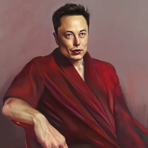Prompt: Elon Musk wearing an elegant red hanfu with tesla designs, oil on canvas, highly detailed portrait, professional concept art, expressive