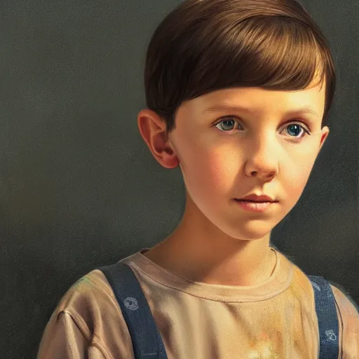 Image similar to Beautiful hyperrealistic detailed matte portrait painting of Millie Bobby Brown kid with short straight hair by andreas rocha and john howe and Martin Johnson