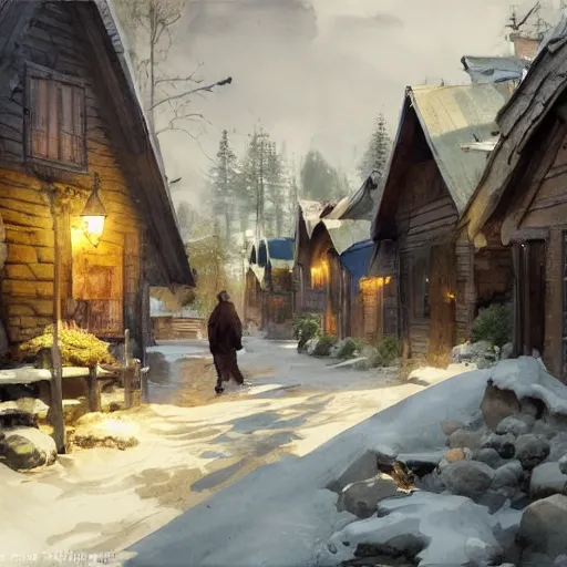 Prompt: watercolor painting of rustic village street, mud, scandinavian mythology, ambient lighting and shadows, art by hans dahl, by jesper ejsing, art by anders zorn, wonderful masterpiece by greg rutkowski, cinematic light, american romanticism by greg manchess, creation by tyler edlin