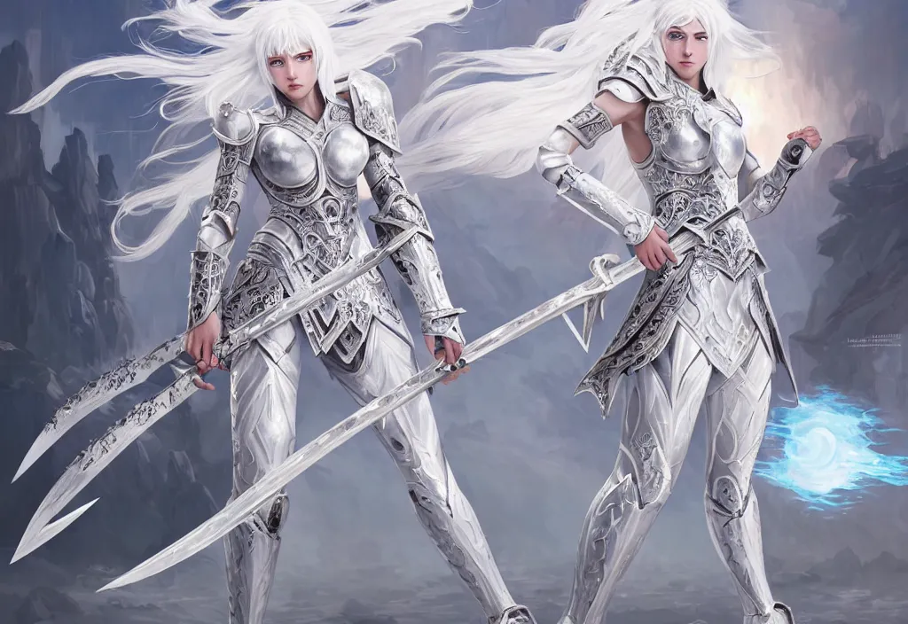 Prompt: white hair knights of zodiac girl matt white ice color armor, dueling, kickboxing, battle stance, wielding sci - fi melee weapons in ruined agora of athens sunrise, intricate and elegant, highly detailed, digital painting, artstation, concept art, smooth and sharp focus, illustration, art by tian zi and wlop and alphonse mucha