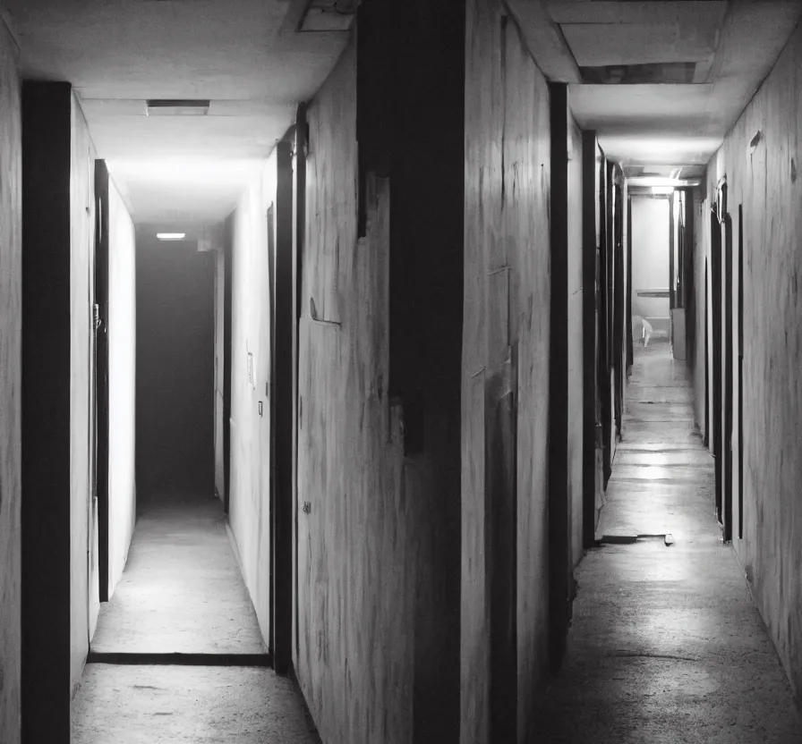 Image similar to spooky photo of a dark infinite hallway with open lit doorways all the way down, dramatic lighting, smoke, ceiling fluorescent lighting, black and red colour palette