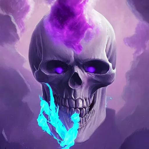 Image similar to floating skulls with violet smoke trails, two fangs, violet theme, epic fantasy digital art style, fantasy artwork, by Greg Rutkowski, fantasy hearthstone card art style