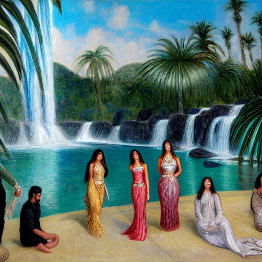 Prompt: a ultradetailed beautiful painting of the kardashians standing in front of the diamonds waterfall in the amazonas palace balustrade designed by jules bastien - lepage, tarsila do amaral, frank weston and gustave baumann, beach, trending on artstation, mediterranean, palm trees, sharp focus, soft light, 8 k 4 k