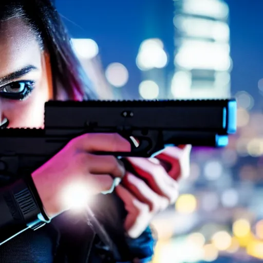 Image similar to photographic portrait of a techwear woman holding a Glock 18, closeup, on the rooftop of a futuristic city at night, sigma 85mm f/1.4, 4k, depth of field, high resolution, 4k, 8k, hd, full color