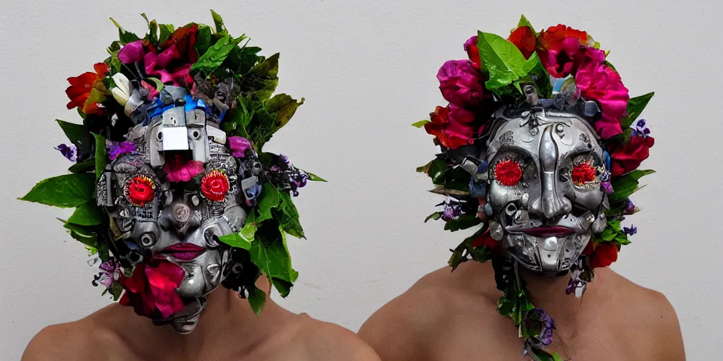 Prompt: a beautiful cyborg made of ceremonial flower maske