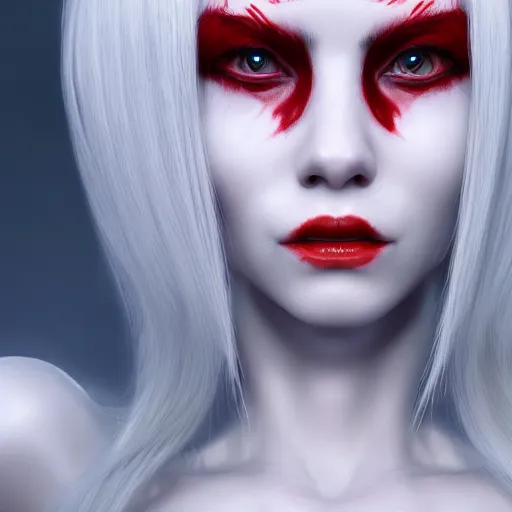 Image similar to a highly detailed portrait of a humanoid demon girl with white hair, red horns, in white clothes, artstation, deviantart, professional, unreal engine 5, photorealistic