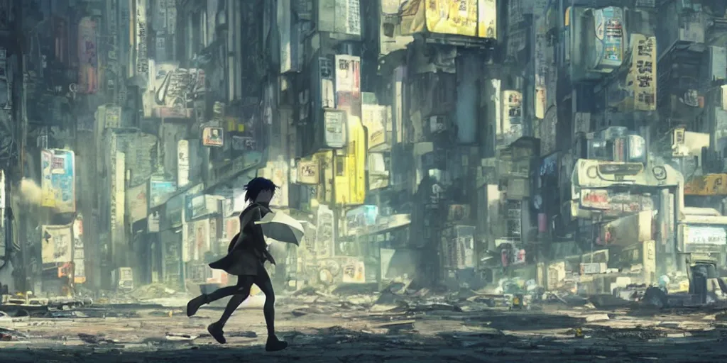 Prompt: incredible wide screenshot, ultrawide, simple watercolor, rough paper texture, ghost in the shell movie scene, backlit distant shot of girl in a parka running from a giant robot invasion side view, yellow parasol in deserted dusty junk town, broken vending machines