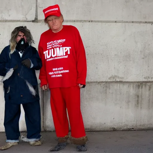 Image similar to donald trump dressed as a homeless man living in the slums