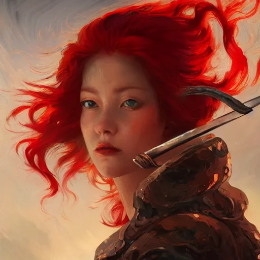 Image similar to Red haired woman with a sword, dramatic oil painting, 4k, highly detailed, by WLOP, by Dan Mumford, by Yoshitaka Amano, digital art, trending on artstation, volumetrics