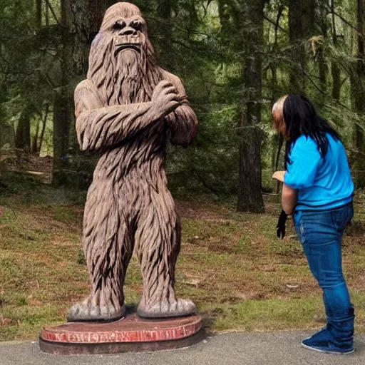 Image similar to occult worshippers worshipping a bigfoot statue