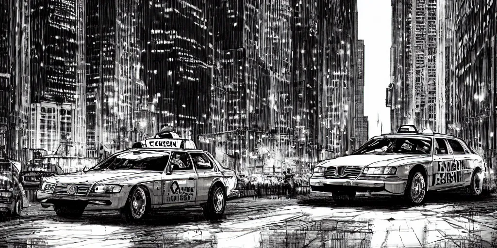 Image similar to cartoonish taxi through the streets of chicago, black and white, night time, dramatic lighting, german expresionism, noir film, character sheet, fine details, concept design, contrast, kim jung gi, greg rutkowski, trending on artstation, 8 k, full body, turnaround, front view, back view, ultra wide angle