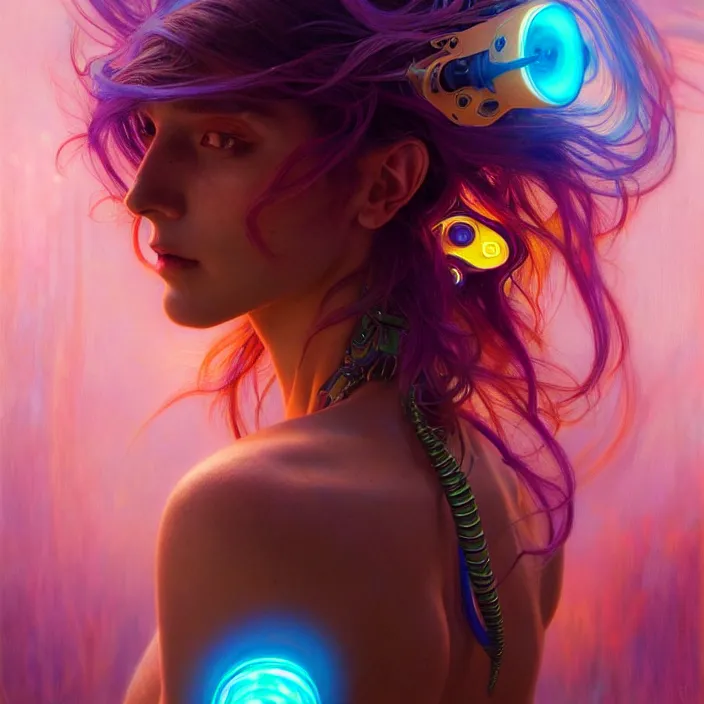 Image similar to bright psychedelic cyborg, glowing skin, long hair, diffuse lighting, fantasy, intricate, elegant, highly detailed, lifelike, photorealistic, digital painting, artstation, illustration, concept art, smooth, sharp focus, art by John Collier and Albert Aublet and Krenz Cushart and Artem Demura and Alphonse Mucha