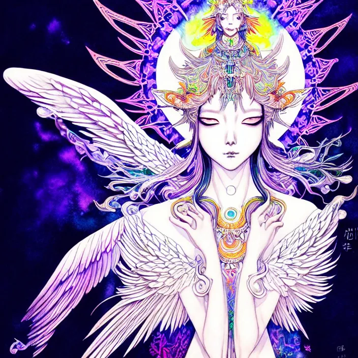 Prompt: stylized art of an psychedelic angelic celestial being by jung gi kim, trending on pixiv, anime style, winged head, white gold skin, ayahuasca, sacred geometry, esoteric art, watercolor