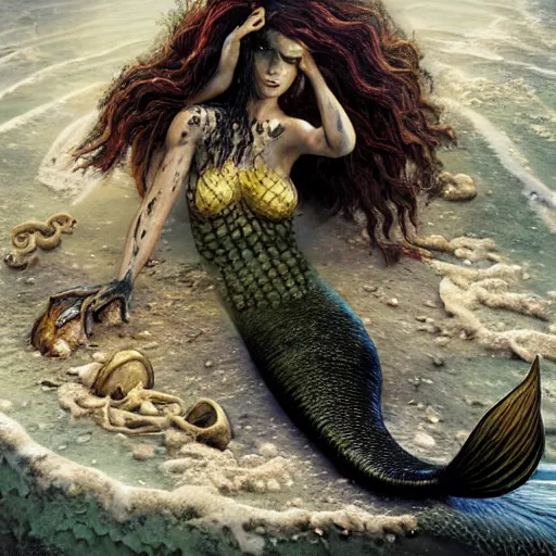 Prompt: a sad mermaid smothered in motor oil medical waste and thrash, ultra realistic, concept art, intricate details, highly detailed, photorealistic, octane render, 8 k, unreal engine, art by frank frazetta, simon bisley, brom